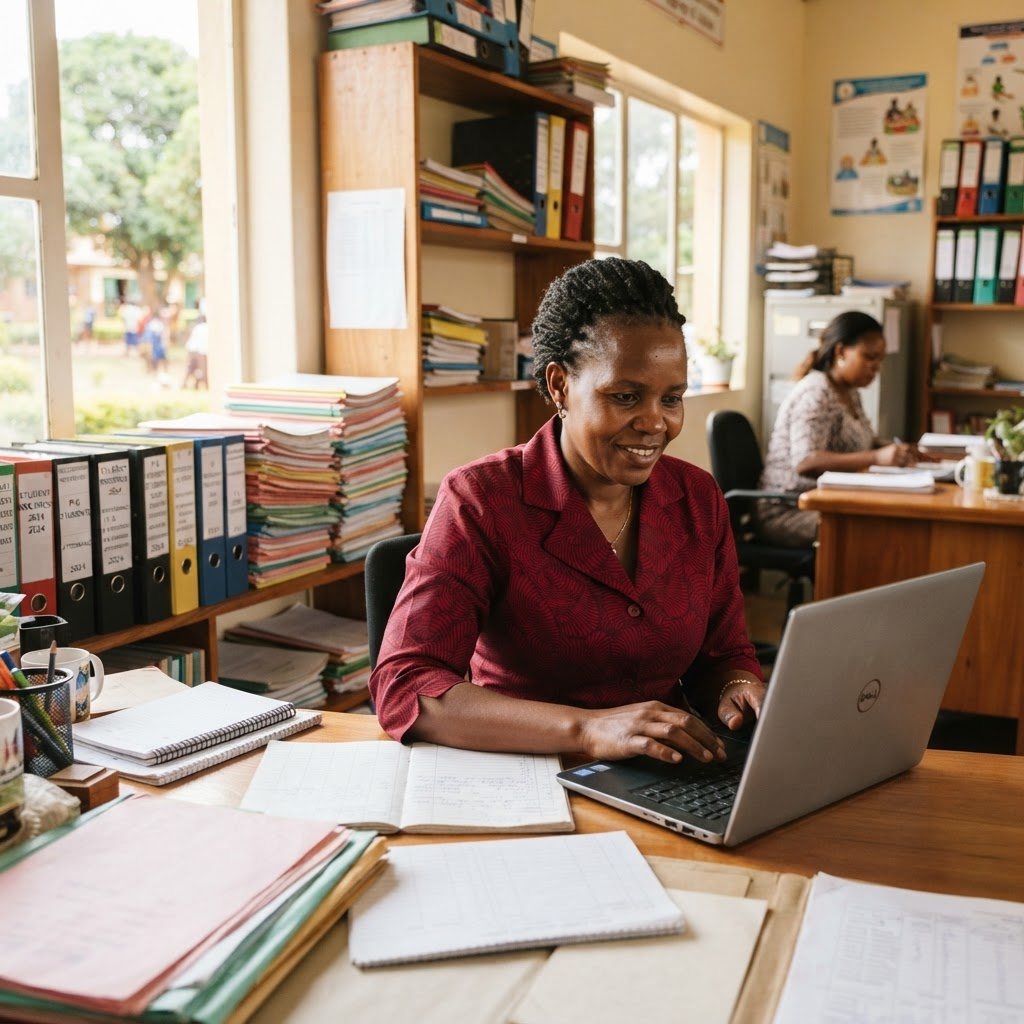 Education administrator managing registration records